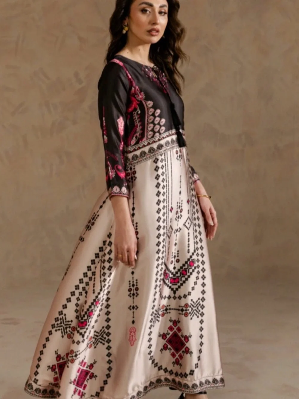 Charmeuse Black & Cream Maxi Dress with Pink Accents.